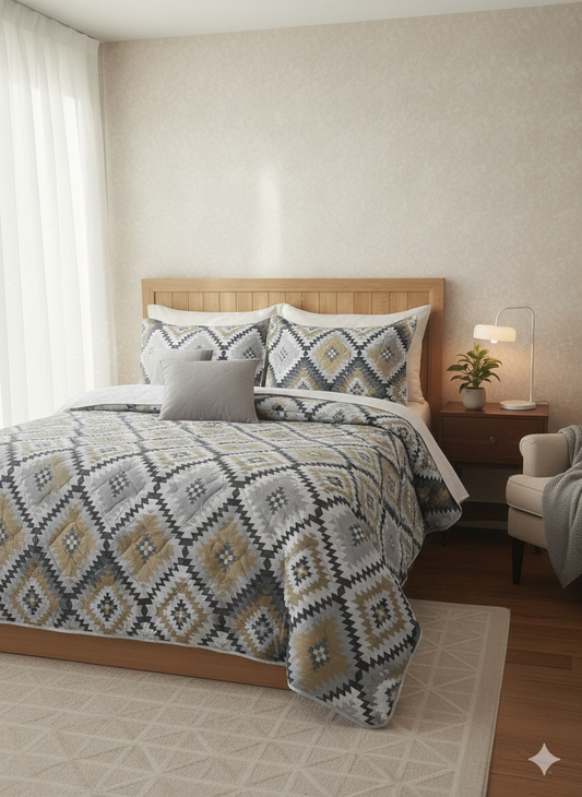 Feather cotton comforter 5pcs white grey touch