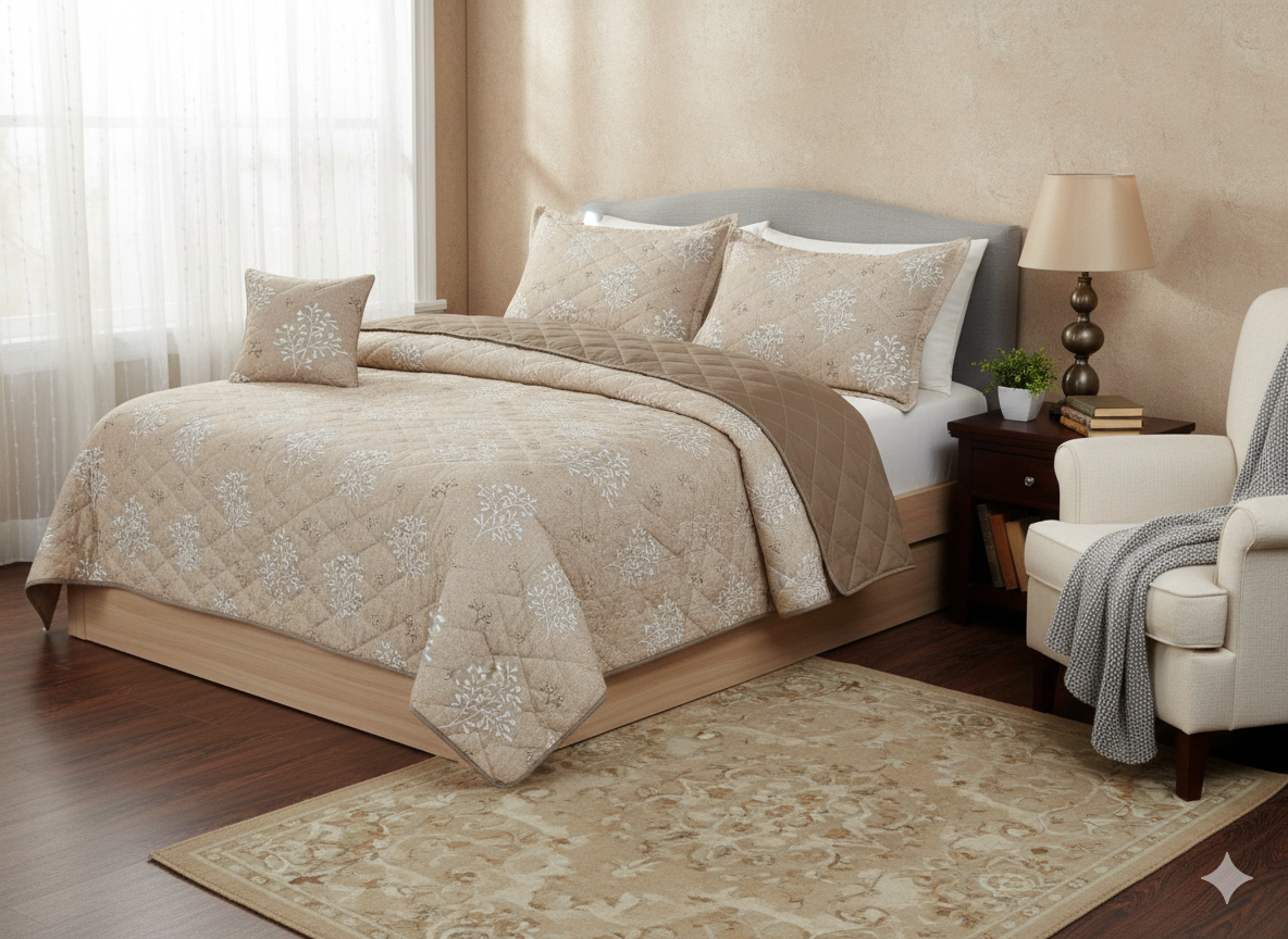 Feather cotton comforter 5pcs Beige/Brown
