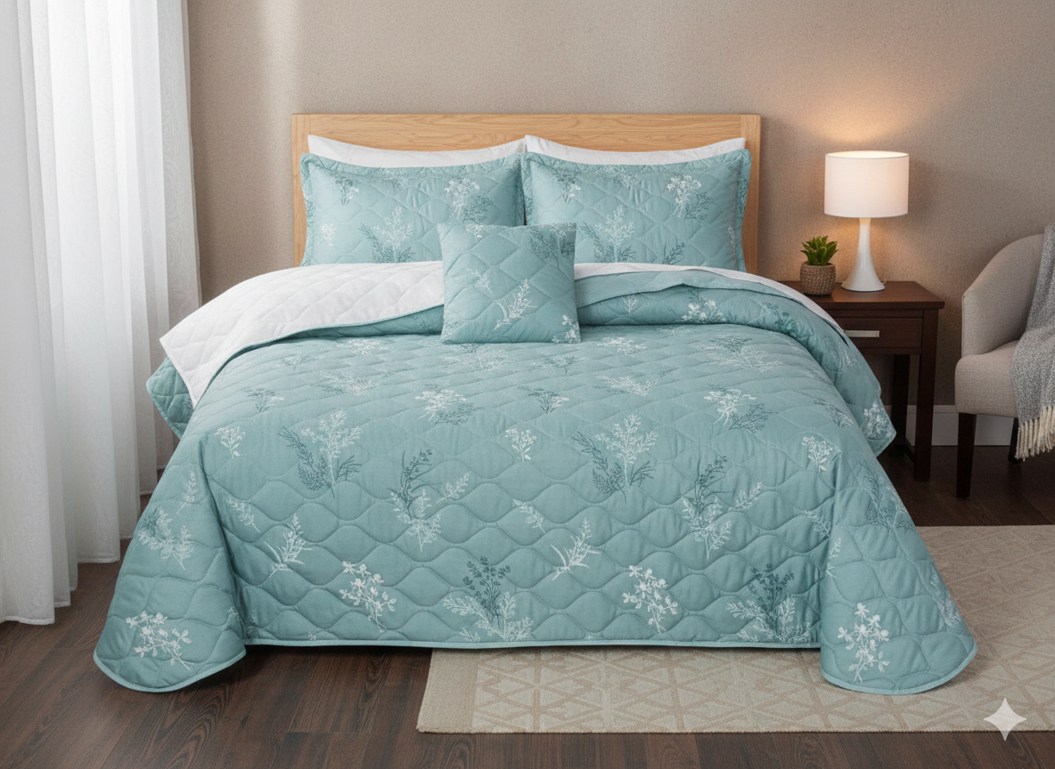 Feather cotton comforter 5pcs sea foam green